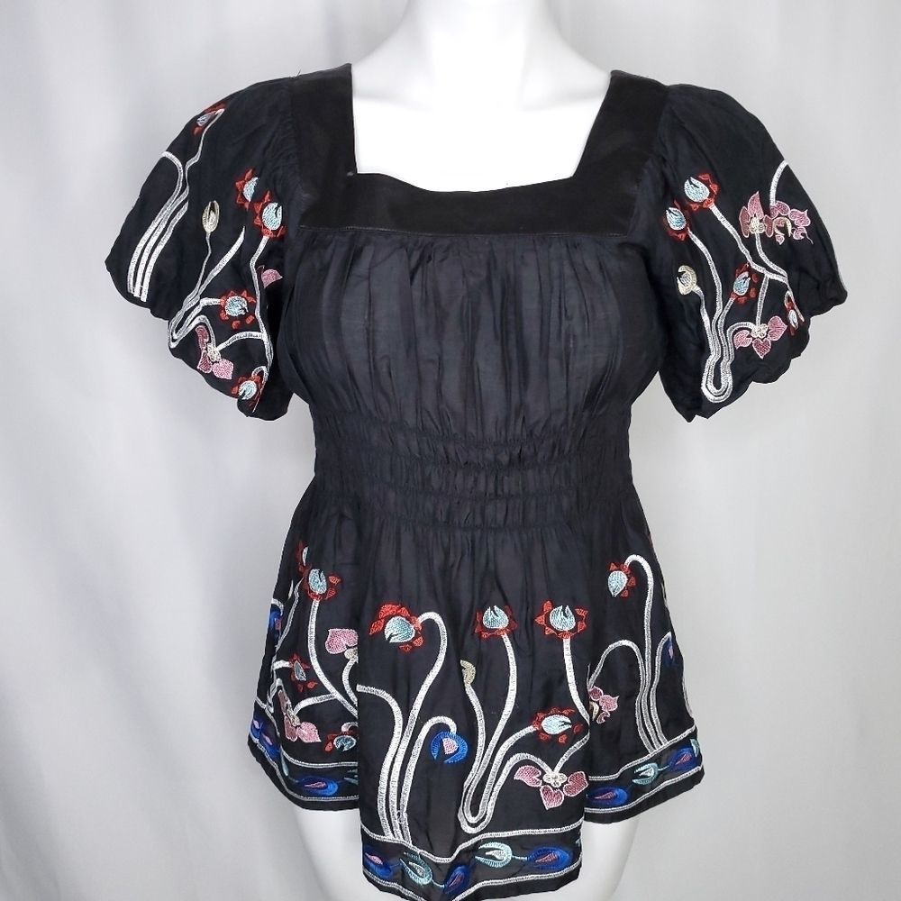 Hazel Floral Embroidered Sheer Peplum Peasant Blouse Top black sz S